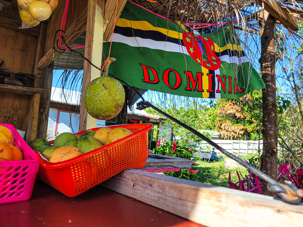 a fruit stand with the dominican flag